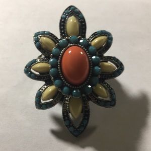 Vintage faux coral turquoise ivory Cabochan southwest style stretch ring